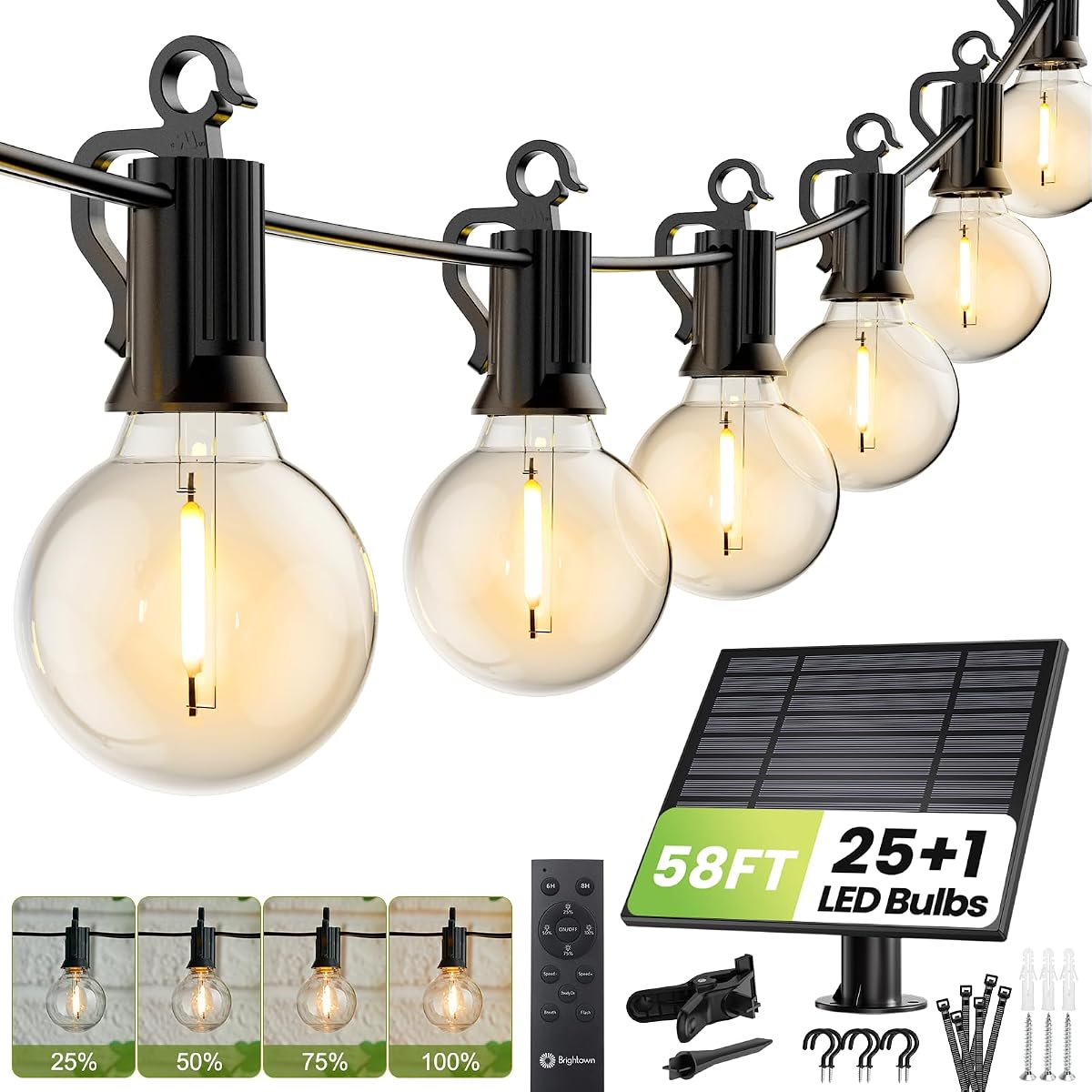 58FT Solar String Lights Outdoor with Remote Cable Ties Hooks, 26 LED Shatterproof Bulbs, 3 Light Modes, Dimmer & Timer, Commercial Grade Patio Lights for Yard Balcony Pergola Party Decor