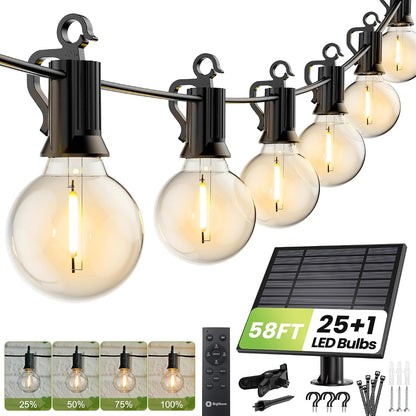 58FT Solar String Lights Outdoor with Remote Cable Ties Hooks, 26 LED Shatterproof Bulbs, 3 Light Modes, Dimmer & Timer, Commercial Grade Patio Lights for Yard Balcony Pergola Party Decor