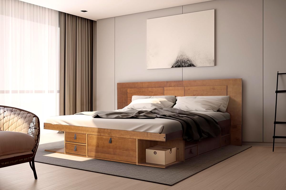 Solid Pine Storage Bed with Compartments and Headboard, Oak Brown