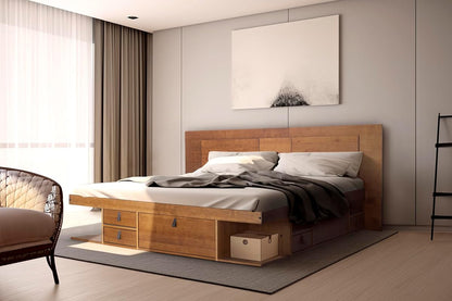 Solid Pine Storage Bed with Compartments and Headboard, Oak Brown