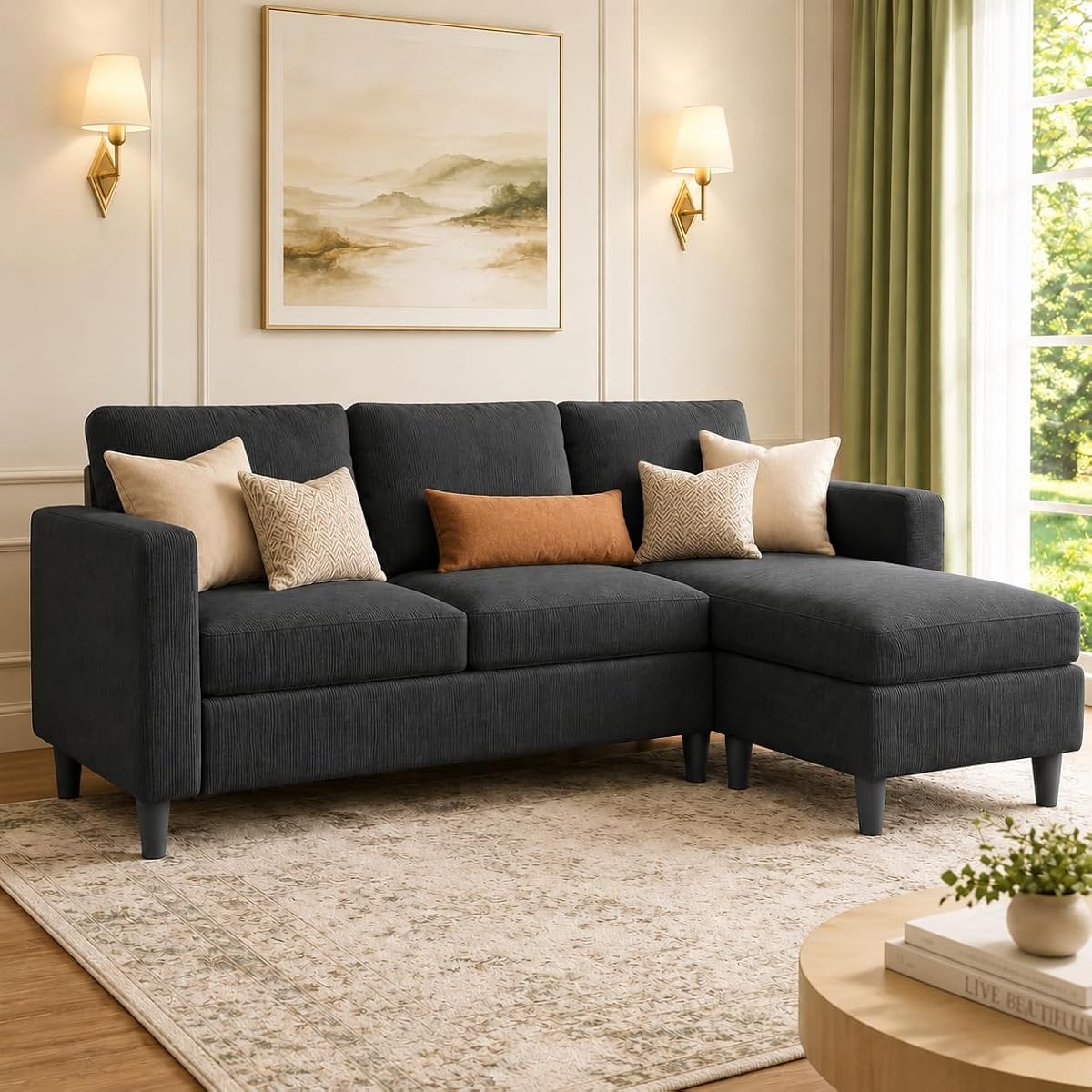 3-Seat Reversible Sectional Sofa with Convertible Ottoman, Modern Ribbed Fabric L-Shaped Couch for Living Room, Small Apartment & Office, Easy Tool-Free Assembly, Grey