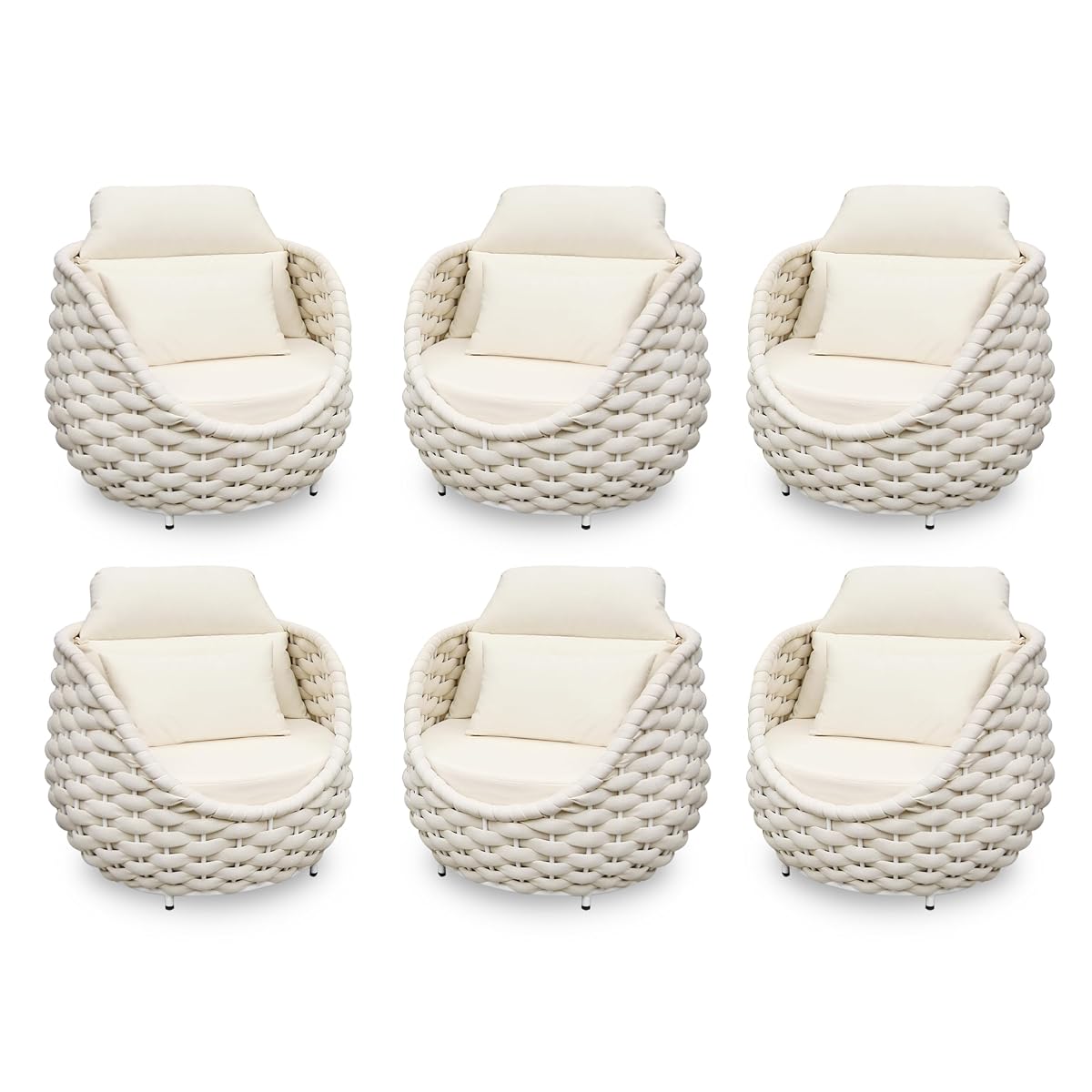 Patio Accent Chairs Set of 6: Aluminum Porch Lounge Chair with Arms - Woven Rope Cushioned Armchair - Modern One Seater Sofa - Outdoor Deck Furniture for 400lbs Balcony Yard Garden Hotel, Beige