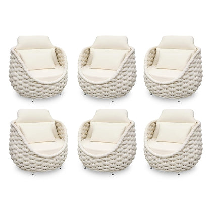 Patio Accent Chairs Set of 6: Aluminum Porch Lounge Chair with Arms - Woven Rope Cushioned Armchair - Modern One Seater Sofa - Outdoor Deck Furniture for 400lbs Balcony Yard Garden Hotel, Beige