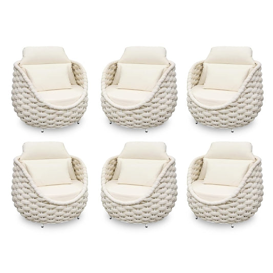 Patio Accent Chairs Set of 6: Aluminum Porch Lounge Chair with Arms - Woven Rope Cushioned Armchair - Modern One Seater Sofa - Outdoor Deck Furniture for 400lbs Balcony Yard Garden Hotel, Beige