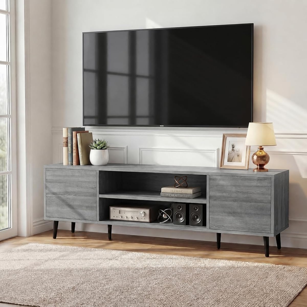 58 Inch Mid-Century Modern TV Stand with Storage, Gray