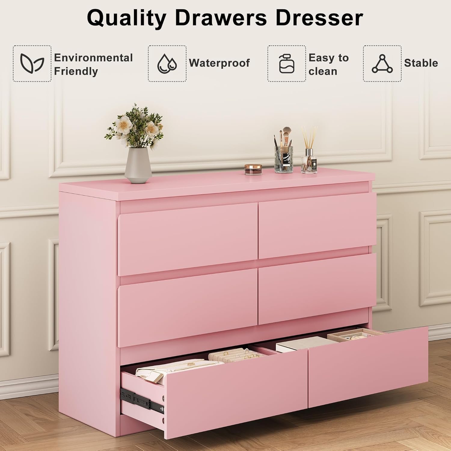 Modern Pink 6 Drawer Dresser - Simply Chest of Drawers for Bedroom, Closet, Living Room, Hallway, Entryway, Wood Storage Double Dresser with Smooth Metal Rails - Pink