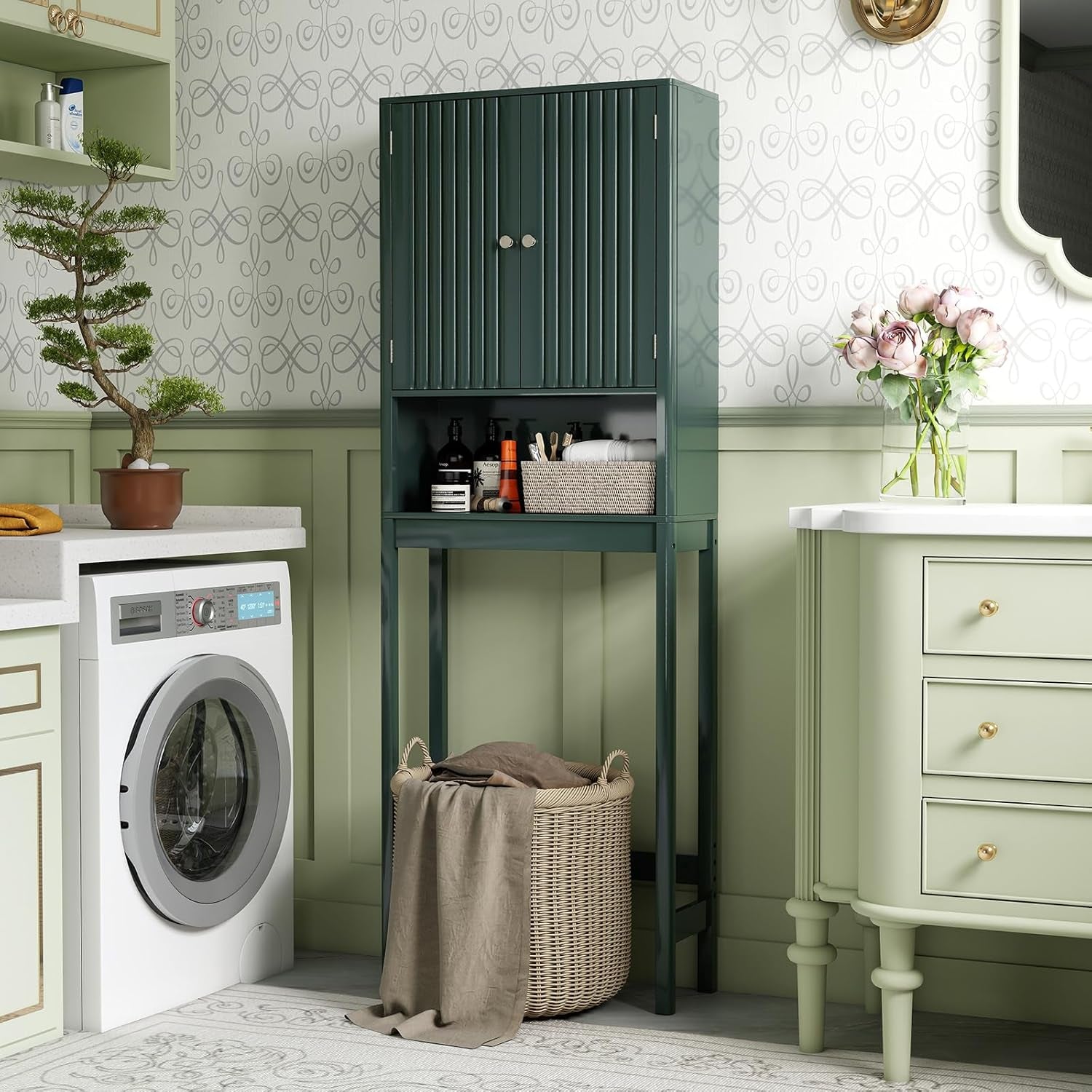 over the Toilet Storage Cabinet, Bathroom Organizer W/Fluted Doors, Adjustable Shelf&Bottom Bar, Open Storage Cube, Space-Saving above Toilet Storage Cabinet for Laundry (Forest Green)