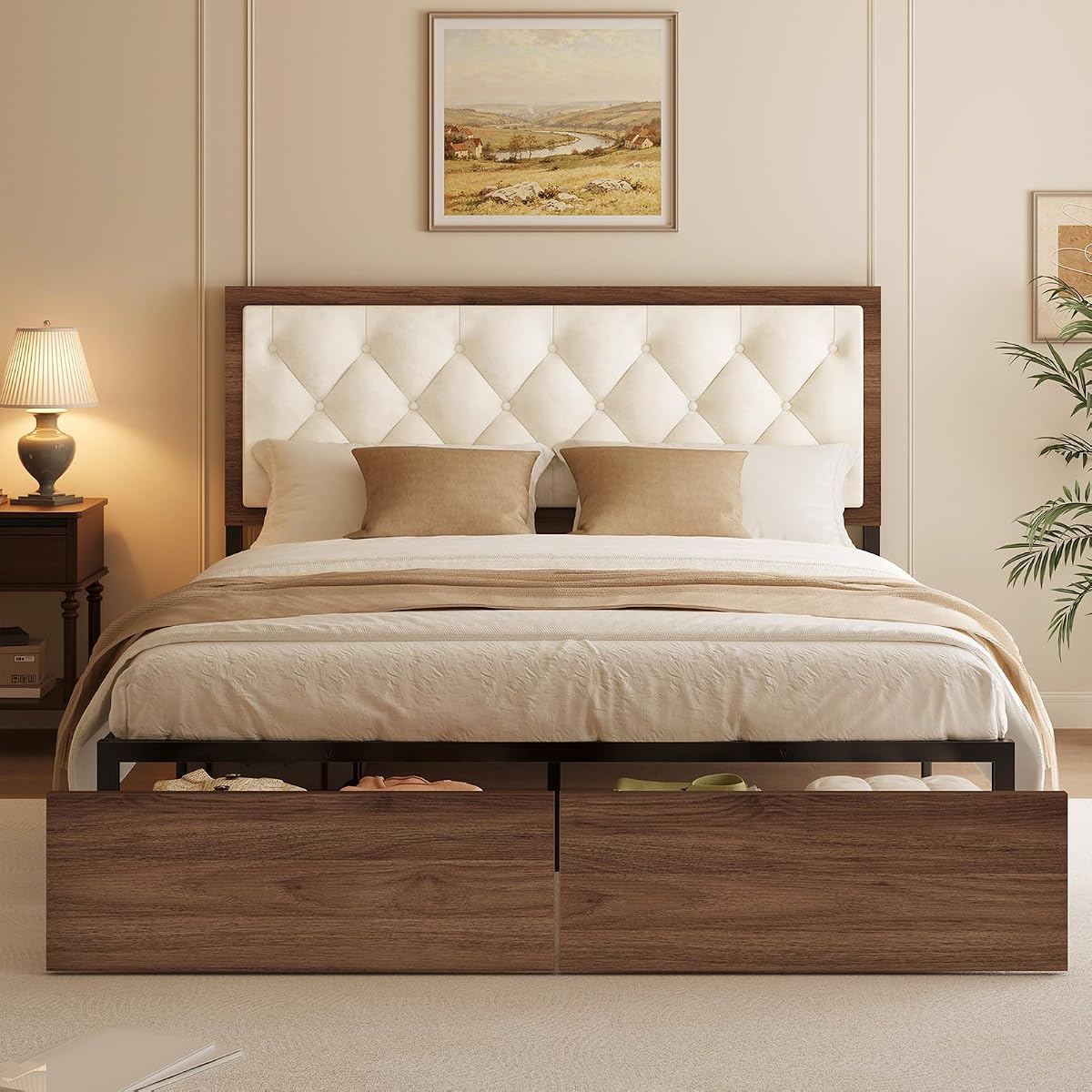 Mid-Century Modern Walnut Bed Frame with Storage