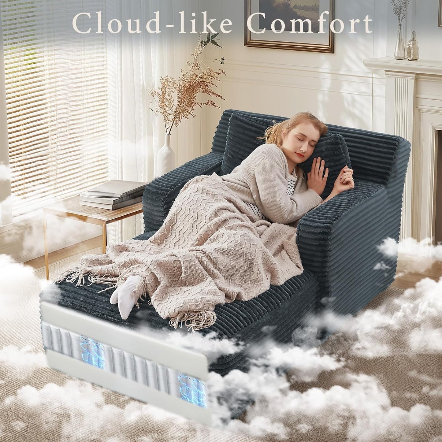 65.4" Chaise Lounge Chair Indoor, Oversized Boneless Couch Comfy Upholstered Sleeper Sofa Bed with 3 Pillows, Corduroy Cloud Reading Chair for Living Room No Assembly Required, Pink