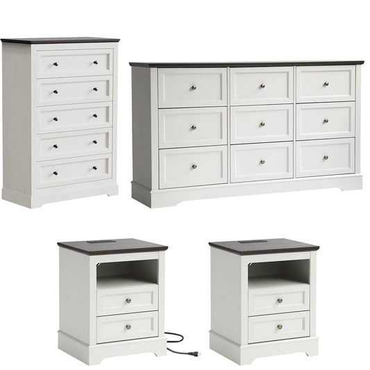 Farmhouse Bedroom Sets of 4, 4Pcs Farmhouse Dresser Set，Including 9 Drawer Dresser, 5 Drawer Dressers and Nightstand Set of 2 with Charging Station (White Sets, 4 Pieces)