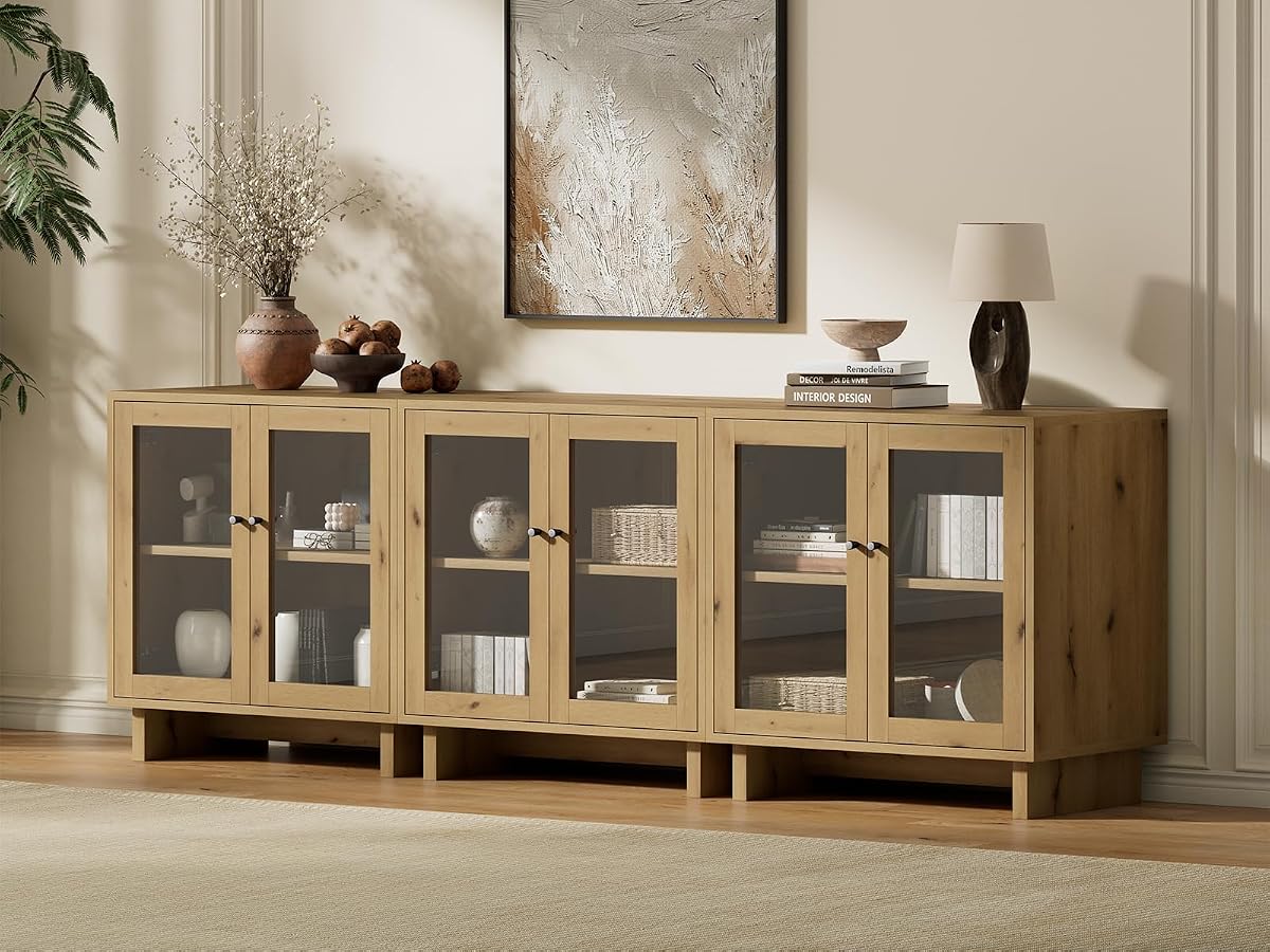 94" Storage Cabinet, Modular Sideboard Buffet Cabinet with 6 Glass Doors