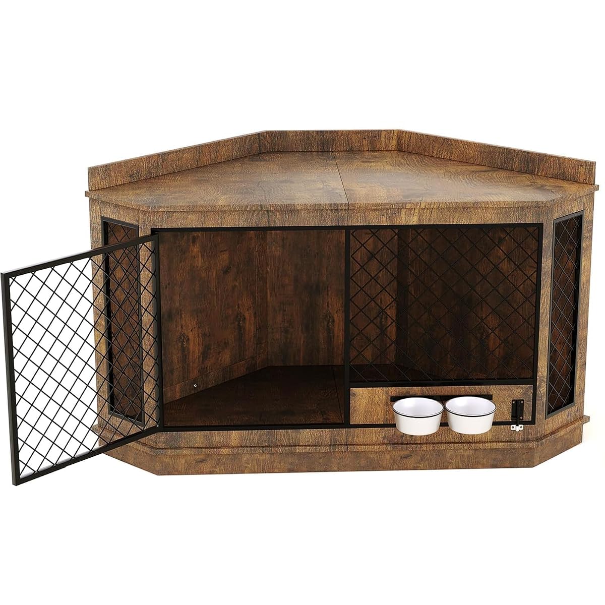 51.3" Corner Dog Crate Furniture with 360° Rotating Feeder