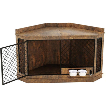 51.3" Corner Dog Crate Furniture with 360° Rotating Feeder