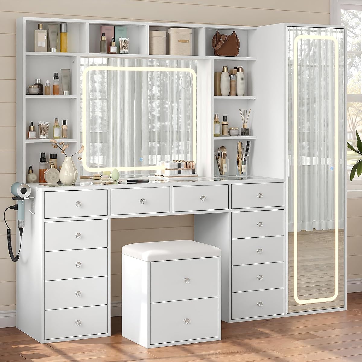 71'' Vanity Desk with LED Lights & Body Mirror, Hidden Cabinet, White