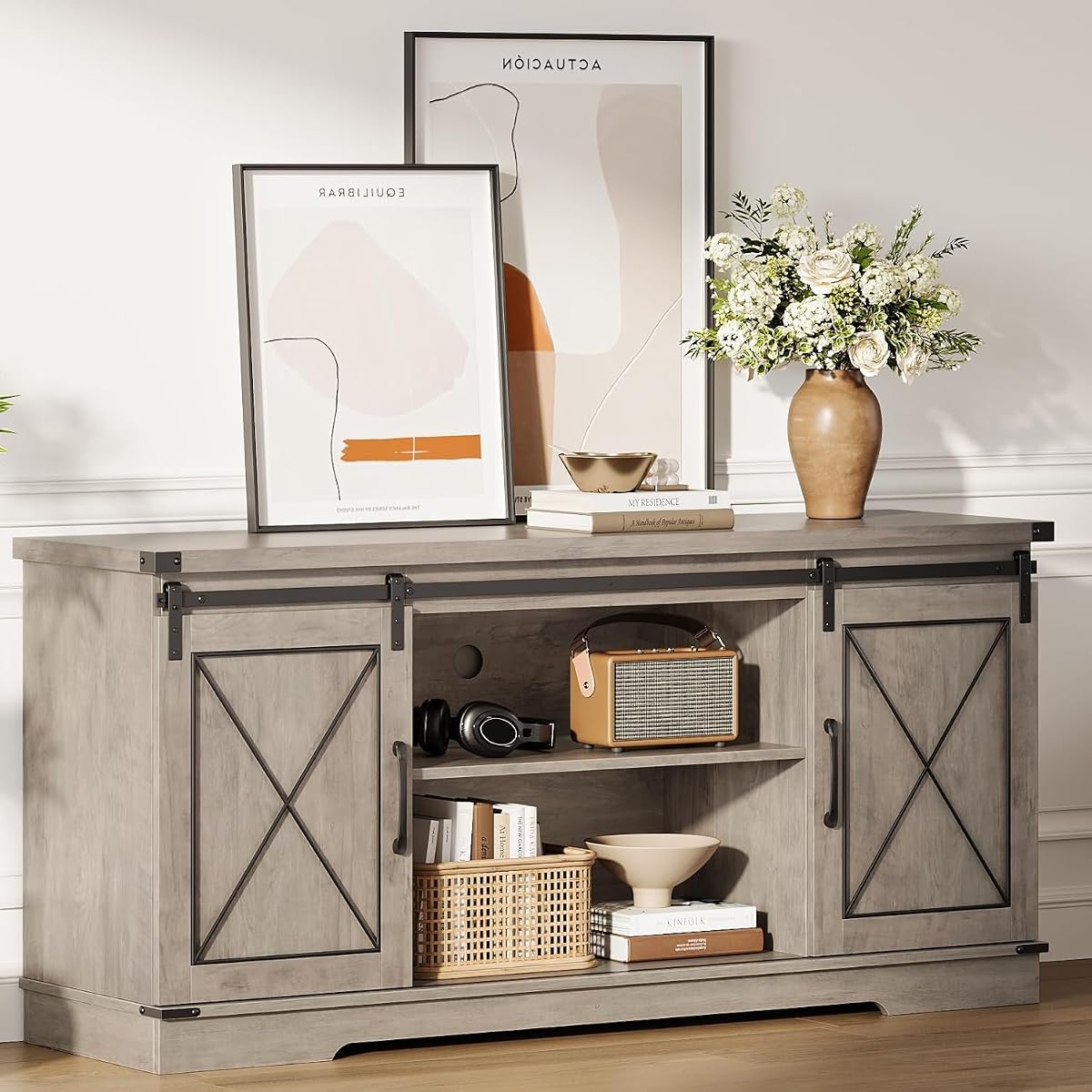 Farmhouse TV Stand for 65 Inch TV, Sliding Barn Doors, Grey