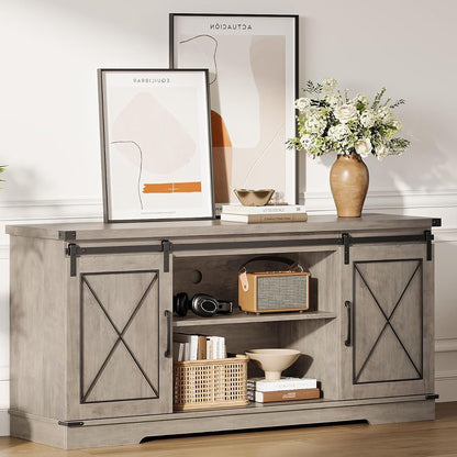 Farmhouse TV Stand for 65 Inch TV, Sliding Barn Doors, Grey