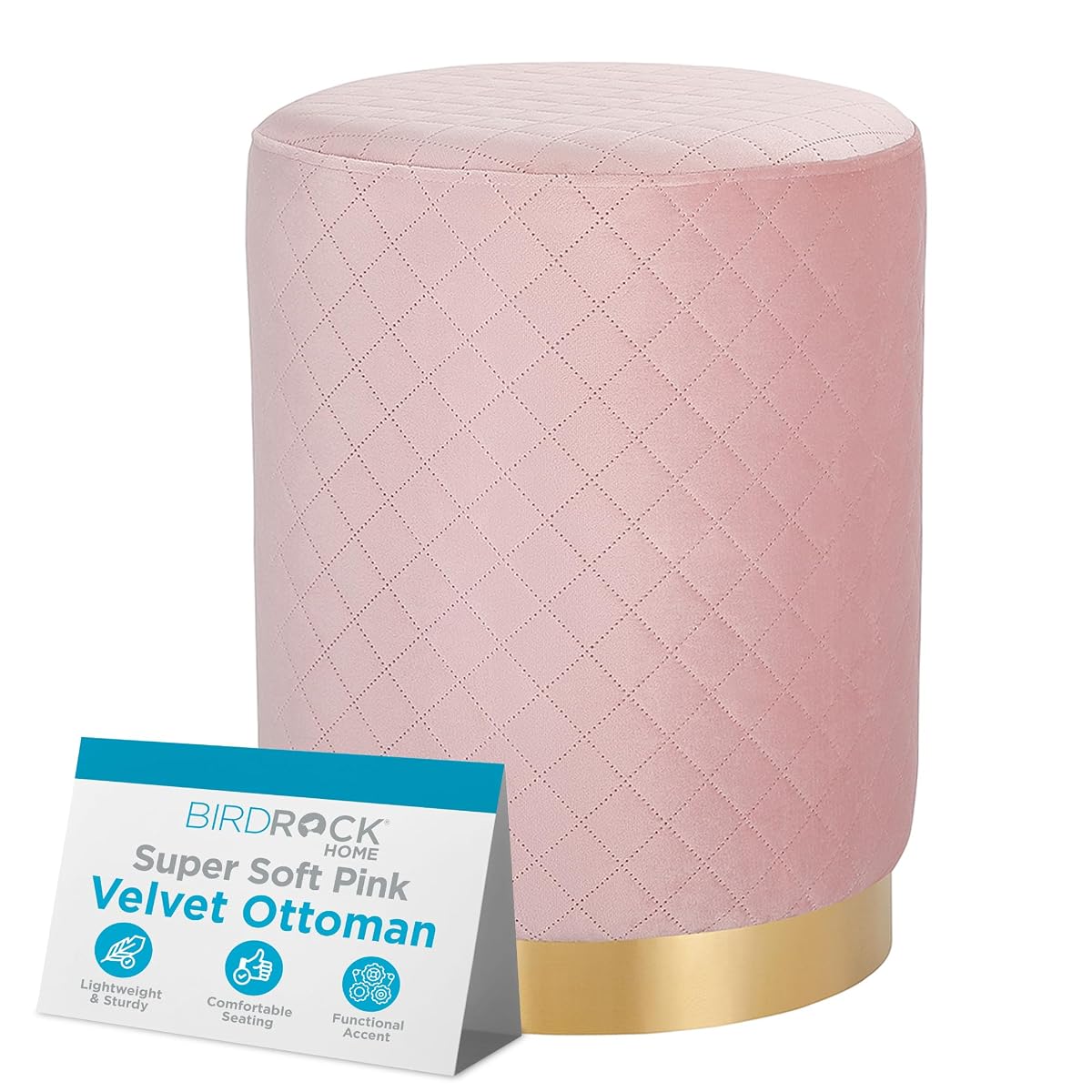 Velvet Round Ottoman Foot Stool with Lattice Design and Gold Trim - Soft, Padded Foot Rest for Living Room or Bedroom – Decorative Foot Ottoman for Chair, Rocking Chair or Couch (Pink)