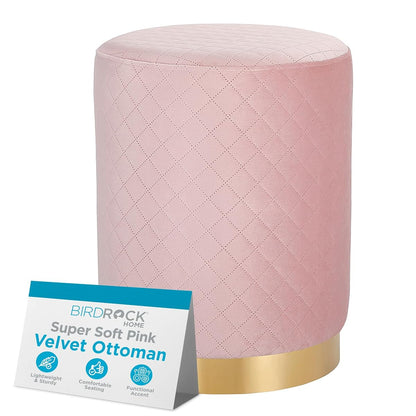 Velvet Round Ottoman Foot Stool with Lattice Design and Gold Trim - Soft, Padded Foot Rest for Living Room or Bedroom – Decorative Foot Ottoman for Chair, Rocking Chair or Couch (Pink)
