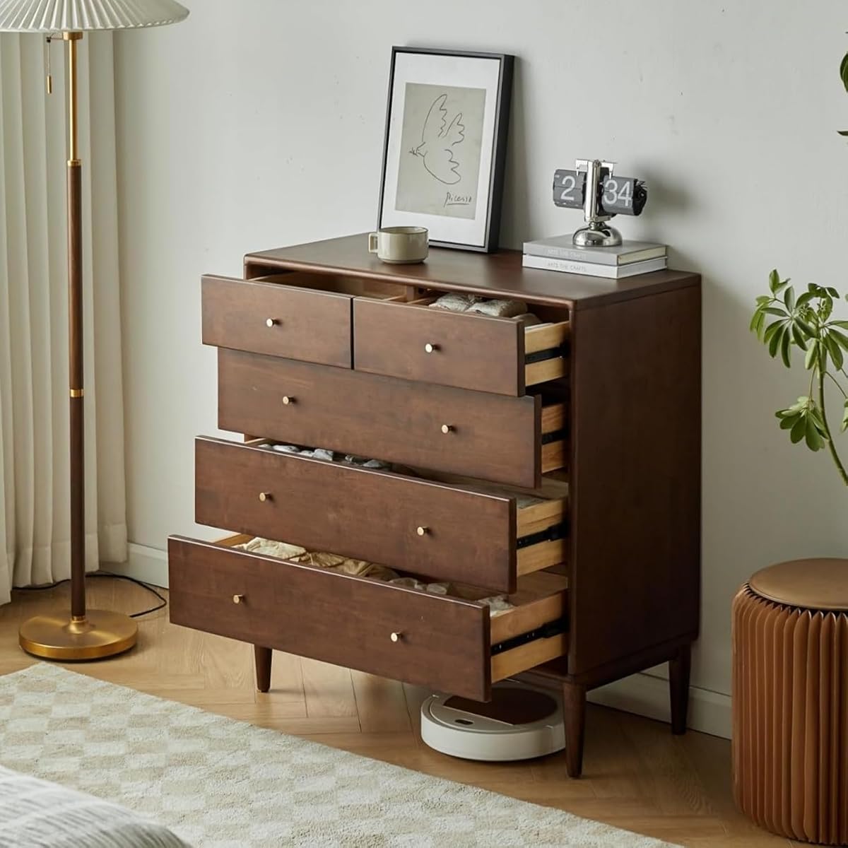 Solid Wood Nightstand, 5 Drawer Side Table for Bedroom, Wooden Storage Organizer