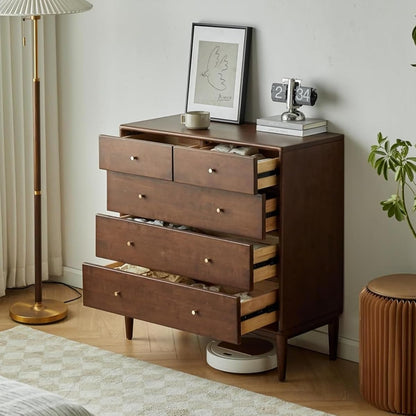 Solid Wood Nightstand, 5 Drawer Side Table for Bedroom, Wooden Storage Organizer