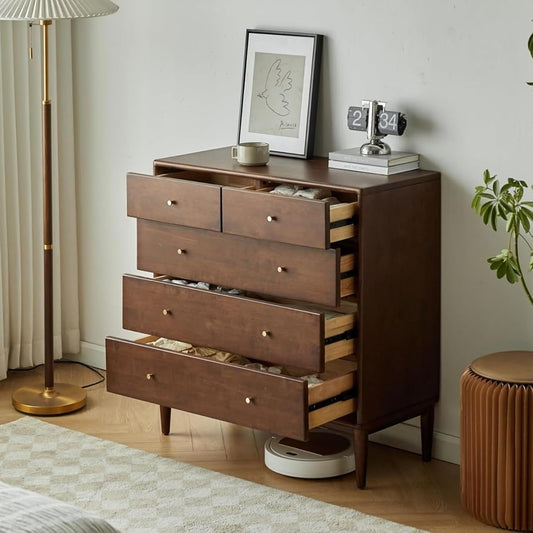 Solid Wood Nightstand, 5 Drawer Side Table for Bedroom, Wooden Storage Organizer