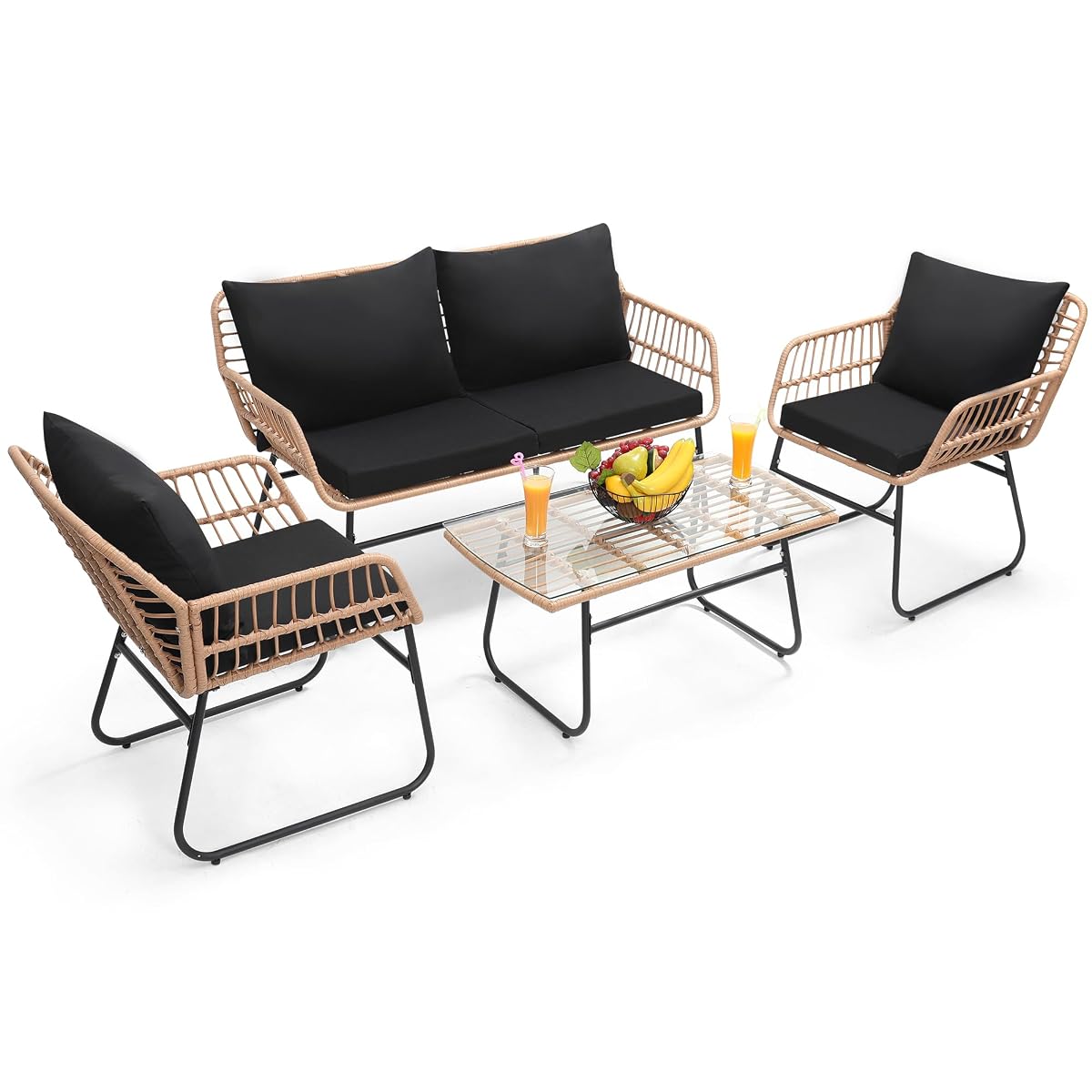 4 Piece Patio Bistro Outdoor Furniture Set, Wicker Sofa, 2 Rattan Chairs and Table, Backyard Conversation Set, Washable Cushions, Natural Rattan Black Cushion