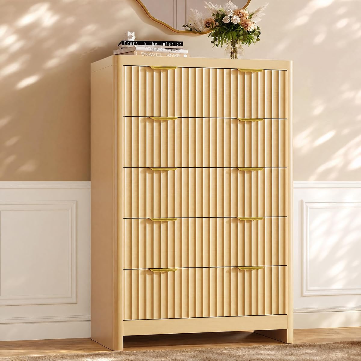 Natural Oak Vertical Drawer Dresser with Round Edges