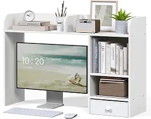 White Desk Hutch Dorm with Drawer, Computer Desk Organizer Shelf with 4 Shelves, view 2