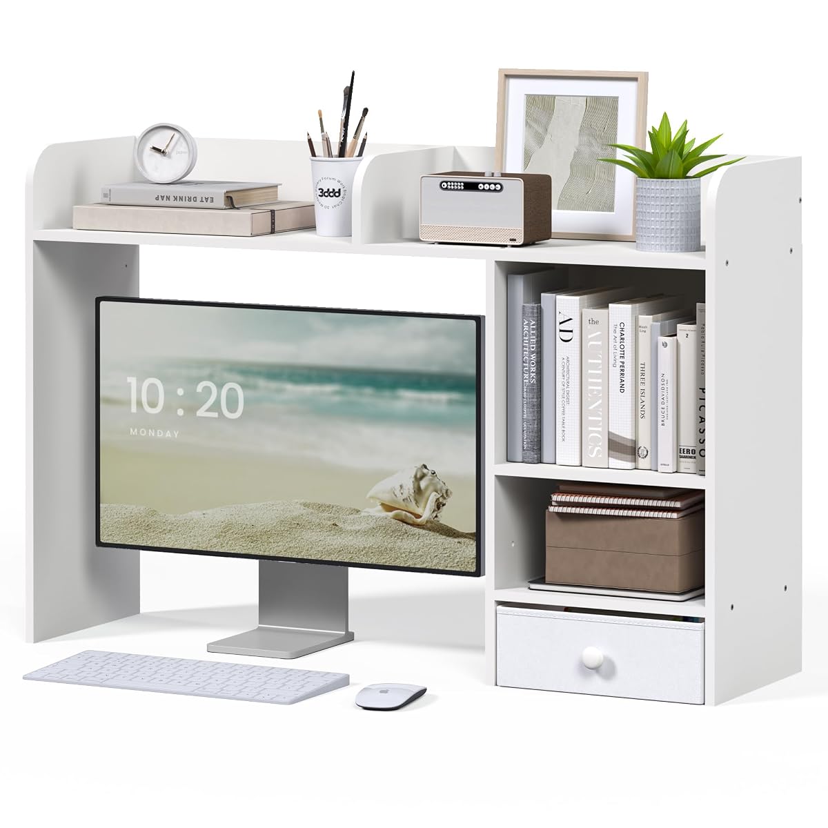 White Desk Hutch Dorm with Drawer, Computer Desk Organizer Shelf with 4 Shelves