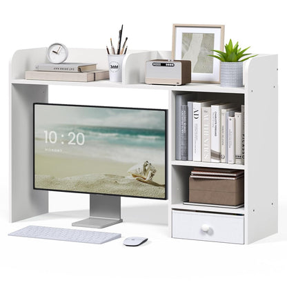 White Desk Hutch Dorm with Drawer, Computer Desk Organizer Shelf with 4 Shelves
