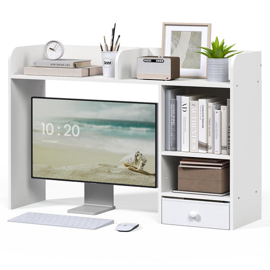White Desk Hutch Dorm with Drawer, Computer Desk Organizer Shelf with 4 Shelves