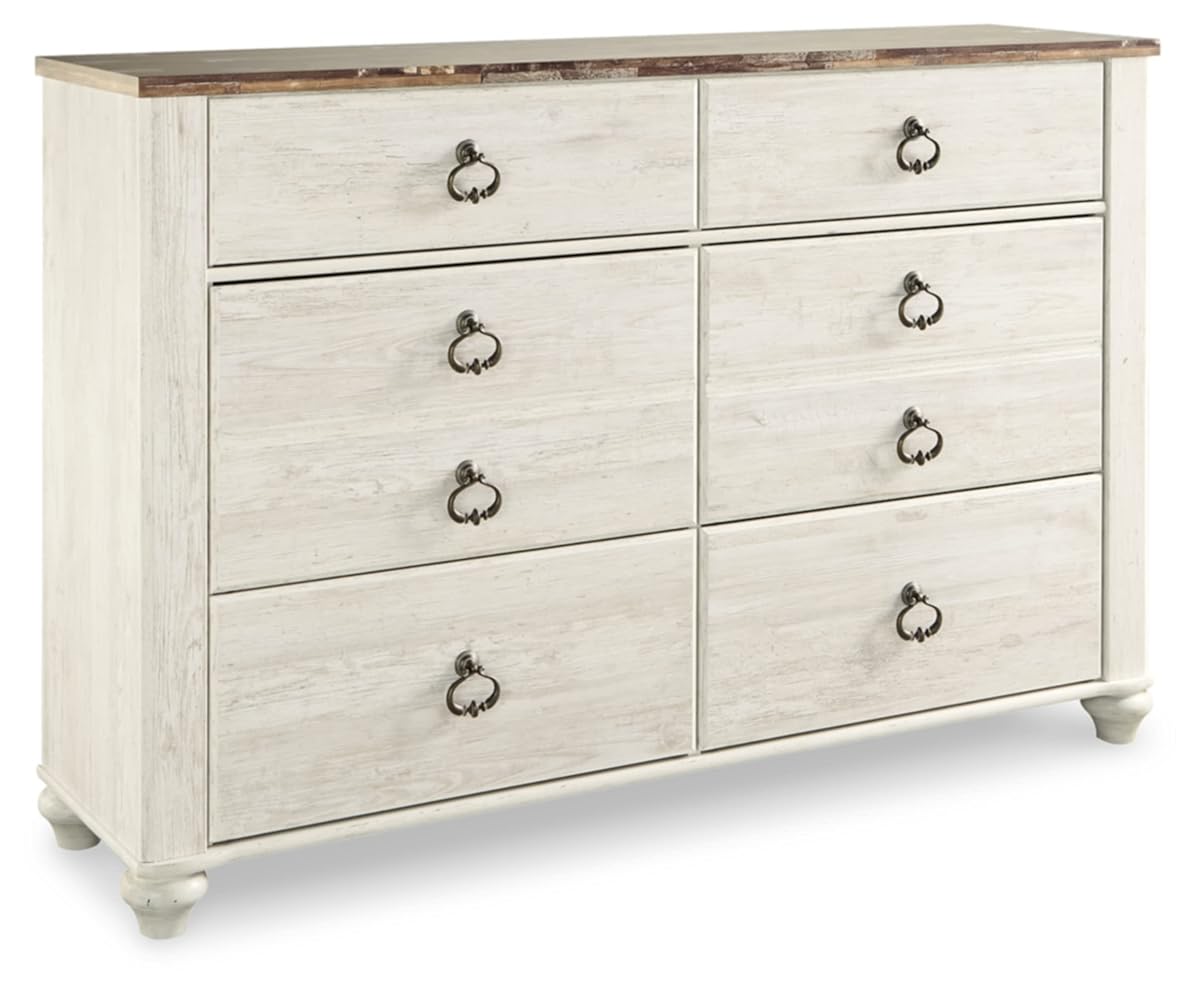 Signature Design by Ashley Willowton Dresser, 6 Drawer Whitewash Bedroom Dresser, Coastal Cottage Style Chest of Drawers, Engineered Wood, Antique Brass Ring-Pulls, 61" W
