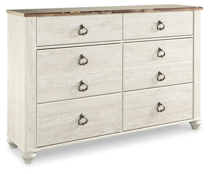 Signature Design by Ashley Willowton Dresser, 6 Drawer Whitewash Bedroom Dresser, Coastal Cottage Style Chest of Drawers, Engineered Wood, Antique Brass Ring-Pulls, 61" W