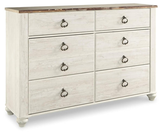 Signature Design by Ashley Willowton Dresser, 6 Drawer Whitewash Bedroom Dresser, Coastal Cottage Style Chest of Drawers, Engineered Wood, Antique Brass Ring-Pulls, 61" W