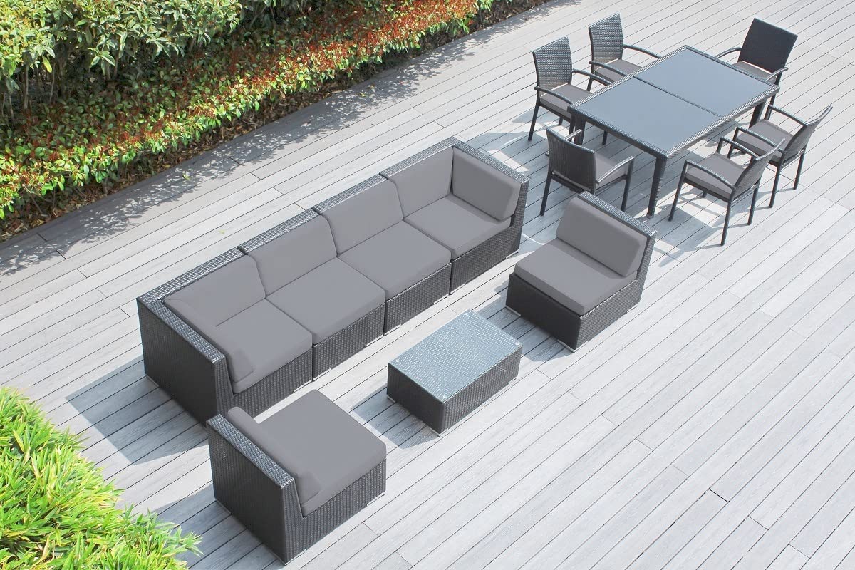 Genuine Ohana Outdoor Sectional Sofa and Dining Wicker Patio Furniture Set (14 pc Set) with Free Patio Cover (Gray)