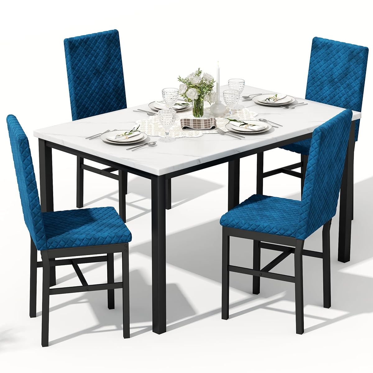 Dining Table Set for 4, Kitchen Table and Chairs Set of 4 Modern Faux Marble Dinner Tabletop with Upholstered Velvet Chairs for Apartment Small Space