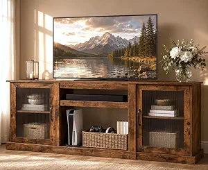 Farmhouse TV Stand for 75 inch TV, Entertainment Center with Storage Cabinets, view 2