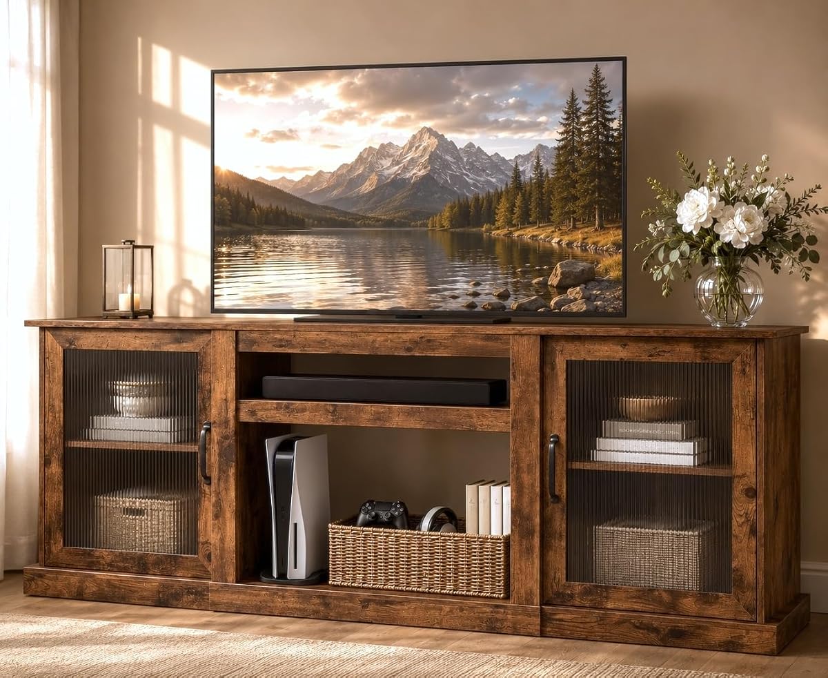Farmhouse TV Stand for 75 inch TV, Entertainment Center with Storage Cabinets
