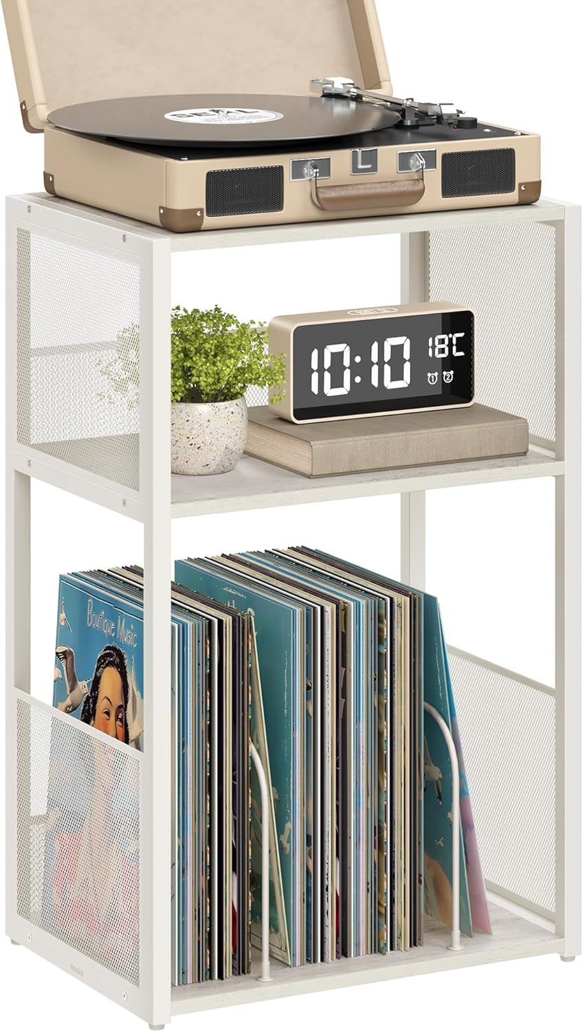Record Player Stand, 3-Tier Side Table, Vinyl Record Storage up to 100 Albums, End Table for Living Room, Bedroom, Rustic White ULET275W01