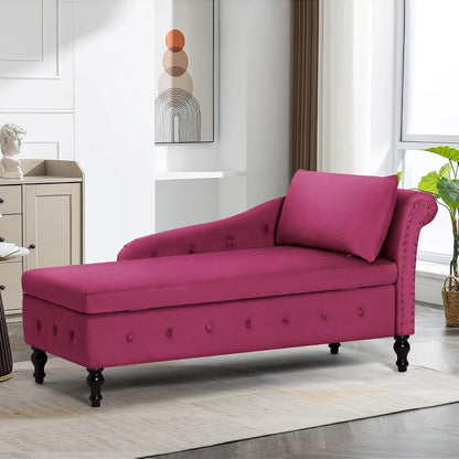Velvet Chaise Lounge w/Right Armrest & Storage Space, Fuchsia