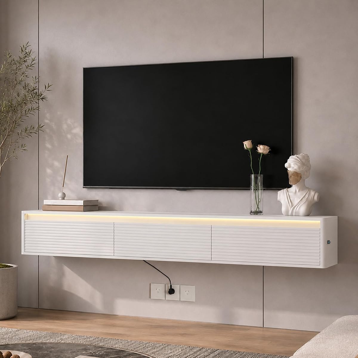 69" Fluted Floating TV Stand Wall Mounted with LED Power Outlets White