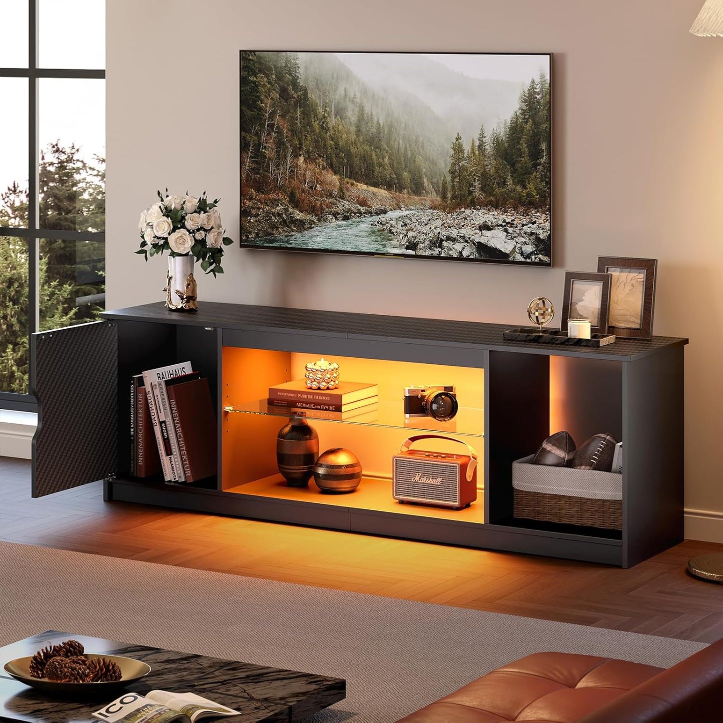 57" LED TV Stand for 55/60/65 Inch Tvs - Gaming Entertainment Center with RGB Lights, Adjustable Glass Shelves & Cabinet for Ps5/Xbox, Modern Black TV Console for Living Room