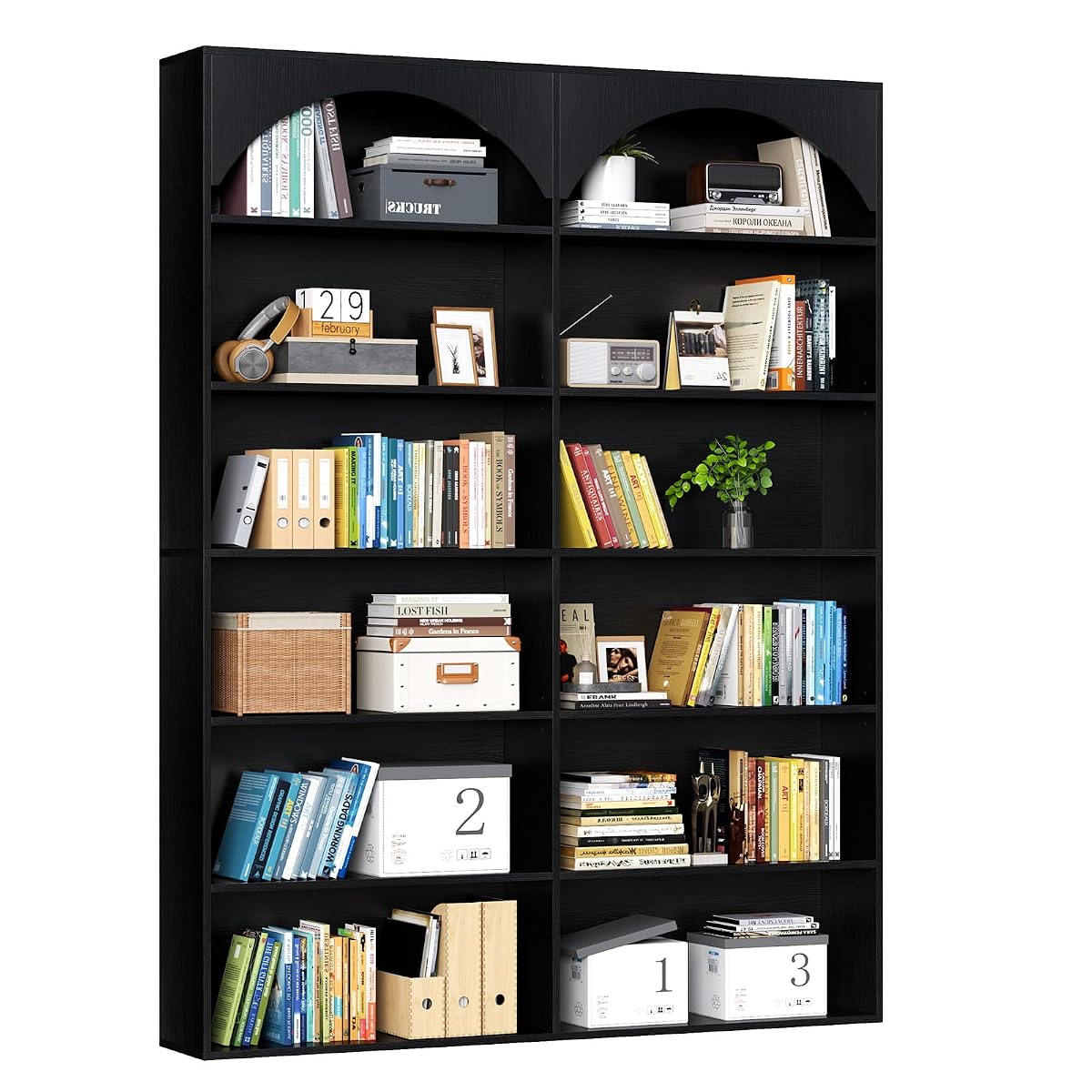 70.8’’ Tall Bookshelf and Bookcase, 7-Tier Double Wide Bookcase Modern Large Open Display Shelves with Curved Baffle for Home Office Living Room (Black)