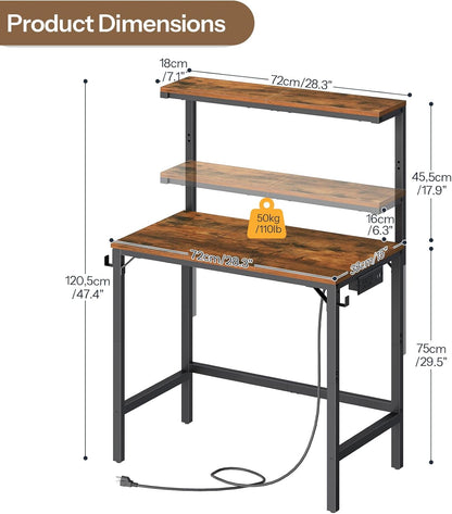 Small Computer Desk, 28.3" Desk for Small Spaces, Office Desk with Power Outlet & Adjustable Monitor Stand, Compact Desk with Storage, Writing Table for Bedroom, Office, Rustic Brown BF38UDN01