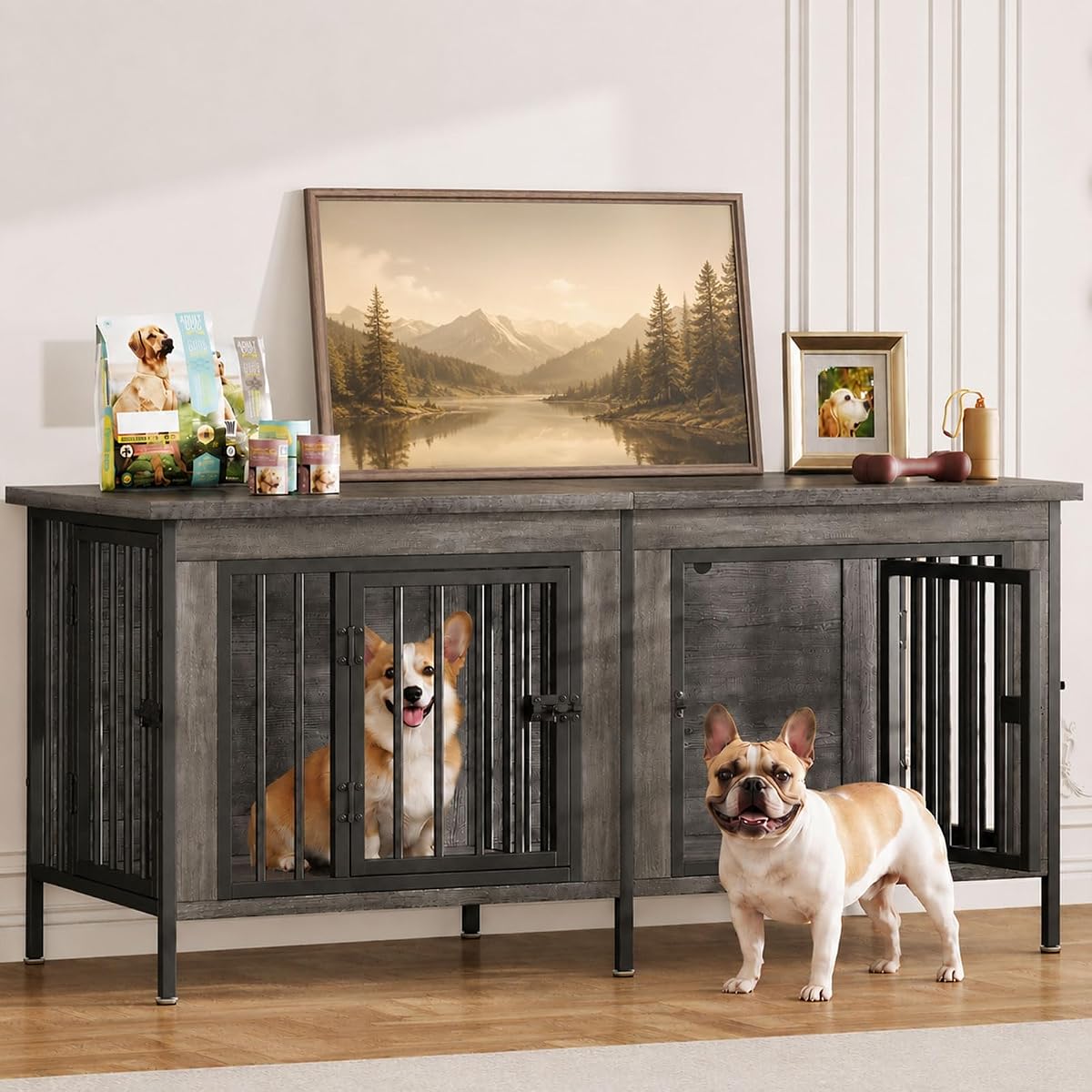 54" Dog Crate Furniture for 2 Dogs with Divider, Gray Wood Grain