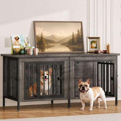 54" Dog Crate Furniture for 2 Dogs with Divider, Gray Wood Grain