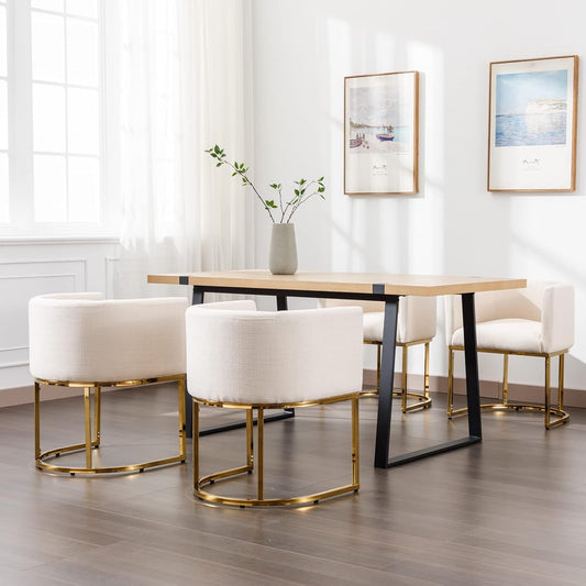 Linen Fabric Dining Chairs Set of 4 Modern Barrel Arm Chairs with Golden Frame, Upholstered Kitchen Chairs 18.5" Wide Accent Chairs for Living Room Dining Room Restaurant, Cream