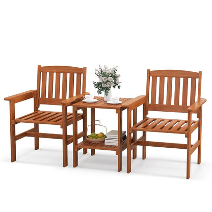 3 Piece Patio Conversation Set, Outdoor Wood Conversation Seat with Table and Umbrella Hole, Outdoor Furniture Set of 3 for Garden Poolside Backyard Balcony Porch