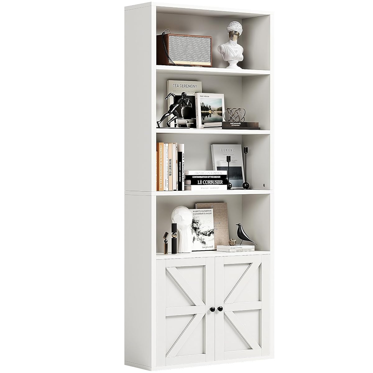 71.5" Tall Bookshelf and Bookcase, 6-Tier Wooden Bookshelves with Cabinet Doors, Floor Bookshelves and Office Storage Cabinets for Home Office, Living Room (White 1 Pack, 6-Tier)