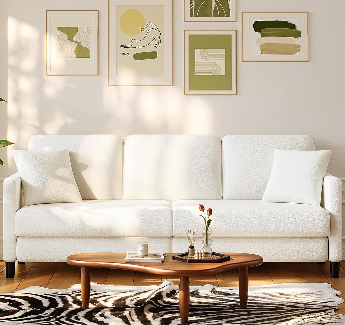83" Couches for Living Room, Teddy Sofa Couch, Comfy Sofas for Living Room, Tool-Free Setup Loveseat Sofa, All-Wood Love Seat Couches, Small Couch 2 Pillows Included, Beige